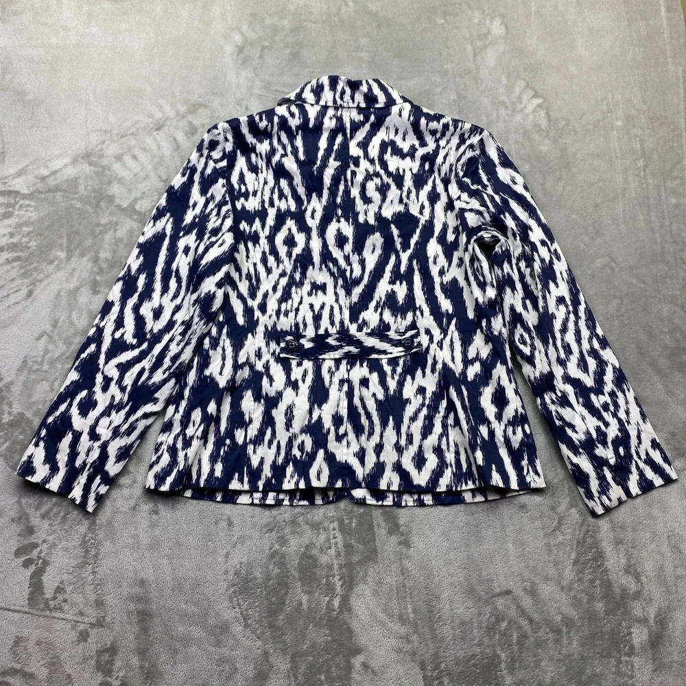 Chico's Eileen Navy White Ikat Print Blazer Jacket Sz 2‎ Cotton Blend 3-Button